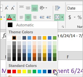 Note: You can also use Increase or Decrease font size command by click on either command. To change the font color: 1. Select the same merged title cell you selected above. 2.