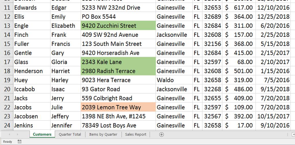 Column width again 3) Find a street name with a "fruit" address and use the Fill button (the bucket ) to shade it a peach/orange color Change a