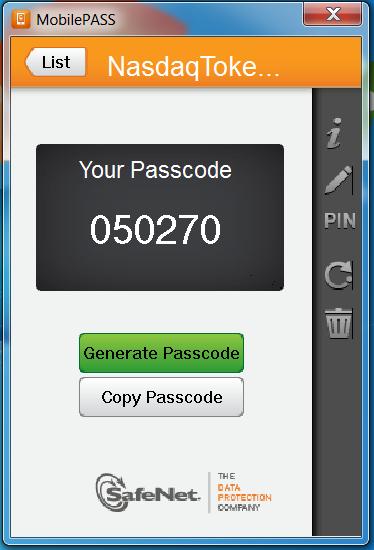 The first generated Token Passcode appears in the window now. This can be used directly to log in to Q-Port (and to other Nasdaq web applications using 2FA).