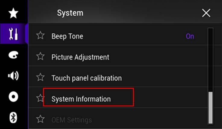 4. Touch [System Information]. 5. Touch [Firmware Information]. 6. After the Firmware Information screen appears, check the firmware version number. 7.