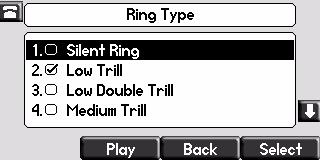 User Guide for the SoundPoint IP 670 Desktop Phone 4. Use and to select the desired ring type. To hear the selected ring type, press the Play soft key. 5.