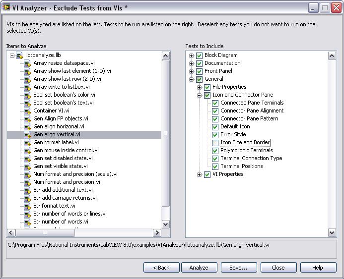 The Exclude Tests from VIs dialog box allows you to skip specific tests for specific VIs. In some cases, a test might not be necessary for a certain type of VI. 6.