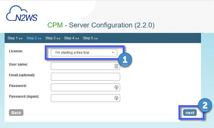 Step 2: Configure the CPM root account password and user information. Figure 2-5 To start a free trial, simply leave the License field with the default.