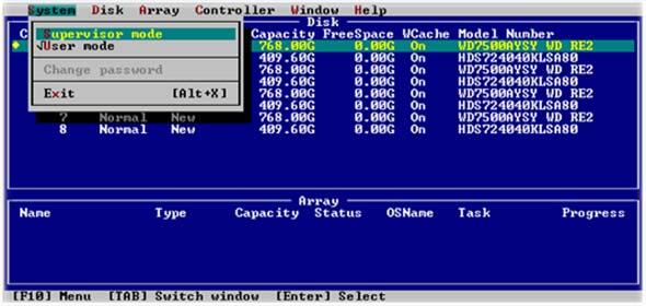 RocketRAID BIOS Utility Logging In The BIOS Utility has two interface modes: User and Supervisor The User mode can only view information about the RocketRAID card, disks and