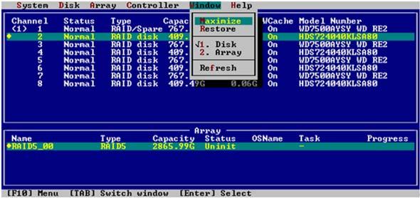 RocketRAID BIOS Utility Window Menu The Window menu provides several view options.