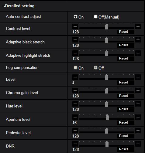 Detailed setting [Auto contrast adjust] Select On/Off(Manual) to determine whether or not to activate the auto contrast adjust function. On: Activates the auto contrast adjust function.