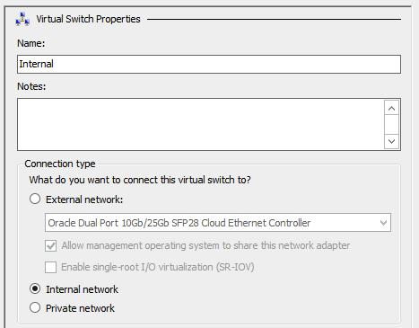 3. Create a new internal vswitch named Internal. Do not enable any other feature. 4. Open the network configuration for the instance.
