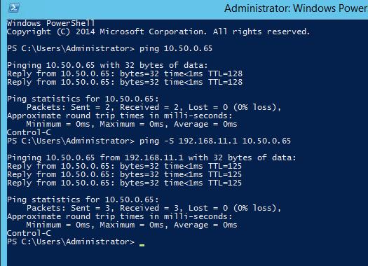 10. Verify that you can still ping the VCN subnet default gateway via the Hyper-V address. In the following example, the VCN gateway is 10.50.0.65 and the Hyper-V address for hvnat is 192.168.11.1. You can open a PowerShell window and issue the following commands: The ping -S command sends the ping from the designated interface.