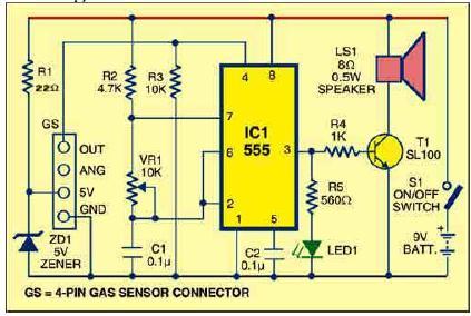 Home Automation using IoT 941 Gas leakage system The gas leakage alarm circuit is shown in figure 2. It operates on a 9V PP3 battery.