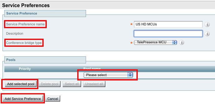 Creating a Service Preference for TelePresence MCU hosted conferences 1. Go to Conference configuration > Service Preferences. 2. Click New. 3.