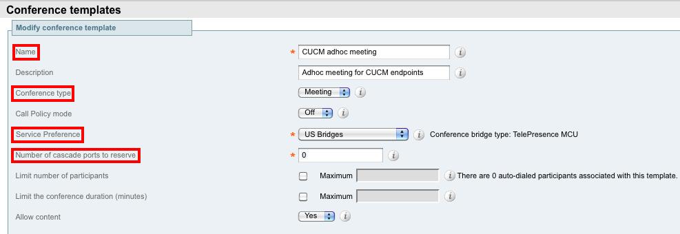 4. Configure other entries as required. 5. Click Create conference template. Creating a conference template for a rendezvous Meeting-type conference 1.
