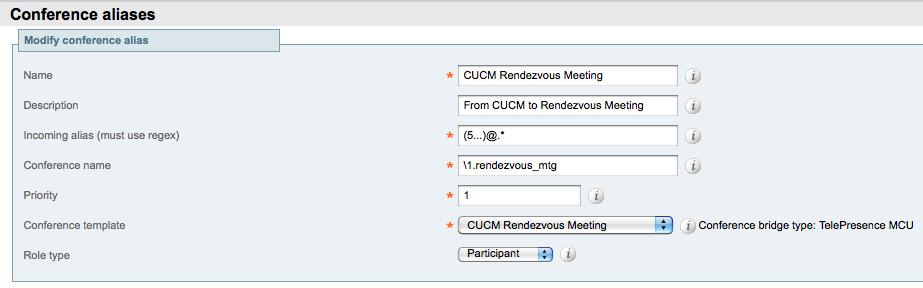 Task 19: Creating conference aliases The following example shows how to create a conference alias for a rendezvous Meeting-type conference.