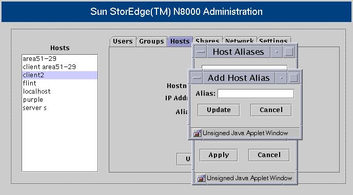 i. Click Add. The Add Host Alias dialog box is displayed. FIGURE 3-16 Hosts Function - Host Aliases - Add - Add Host Aliases ii.