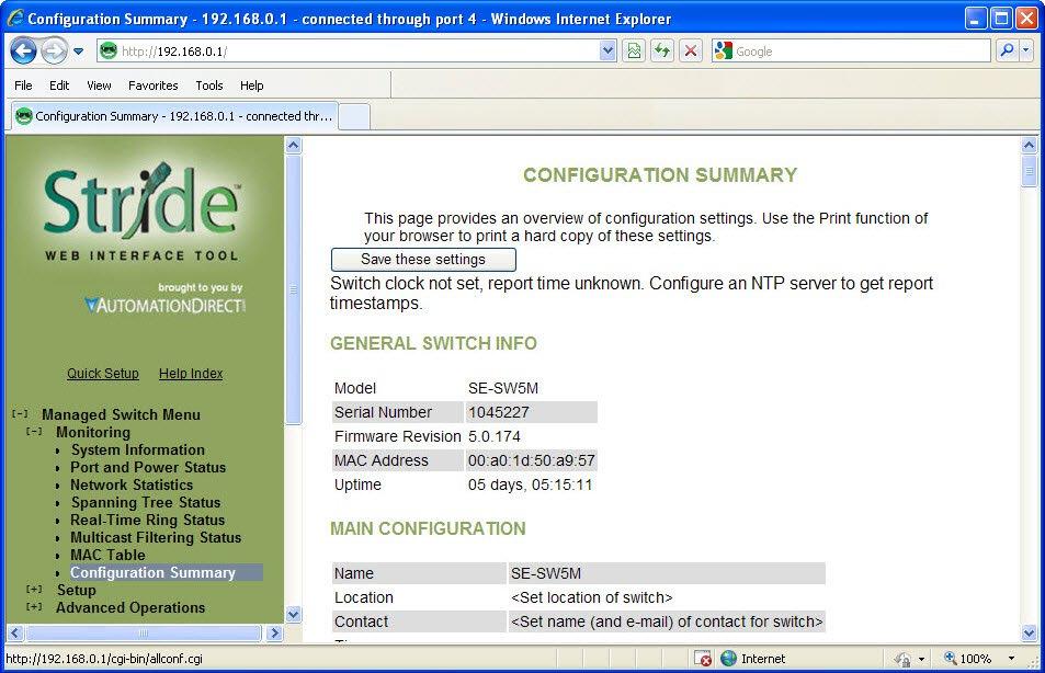 Configuration Summary The Configuration Summary Page provides a complete overview of the configuration settings of the switch.