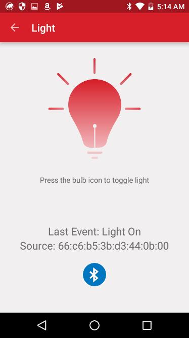Source is the MAC address of the device sending the command, in this case the smartphone. Tap again to turn the light off. The app shows Last Event: Light Off and Source: Smartphone MAC address.