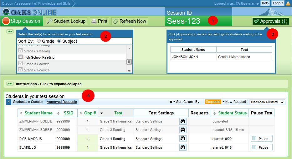 The TA Interface The TA Interface is the application used by TAs to administer OAKS Online, ELPA and Online Writing assessments.