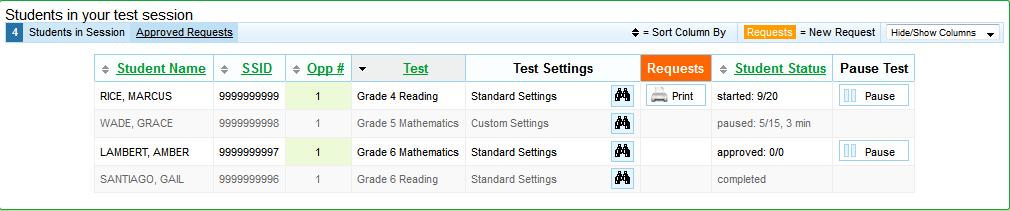 Monitoring Student Test Progress After a student logs in to your session, test progress for each opportunity in your session will be displayed.