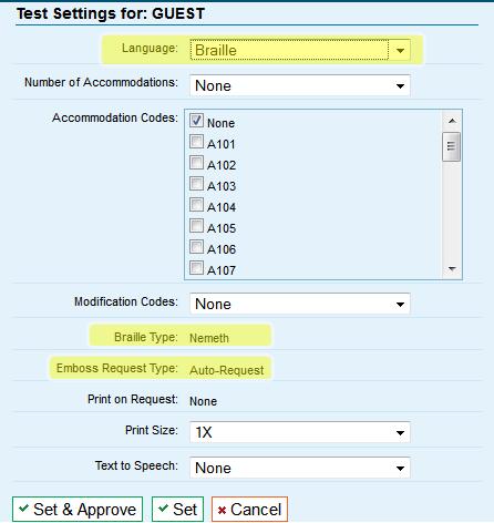 Approvals and Student Test Settings for Braille The approval process is the same for tests administered using the Braille interface as for all other OAKS Online tests.