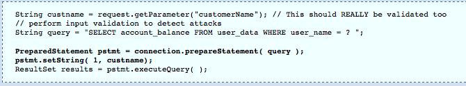 Mitigation - 4 Prepared Statements: Pre-compiled parameterized SQL queries A setter method sets a value to a bind variable as well as performs strong type checking and will nullify the effect of