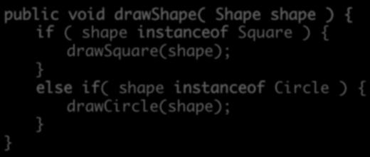 Code Smell: Using instanceof public void drawshape( Shape shape ) { if ( shape instanceof Square ) { drawsquare(shape); else if( shape instanceof Circle ) { drawcircle(shape); Why isn t this good
