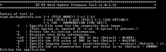 3.6.3 Dock Firmware Update Firmware Update Figure 3-15 shows the Help information displayed for the EZ-PD Dock Firmware Update Tool, showing the syntax to invoke the tool. Figure 3-15. EZ-PD Dock Firmware Update Tool Help 1.