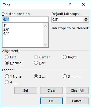 86 Lesson 4 Using the Tabs Dialog Box The Tabs dialog box is useful for setting tabs at precise locations on the ruler, clearing all tabs, and setting tab leaders.