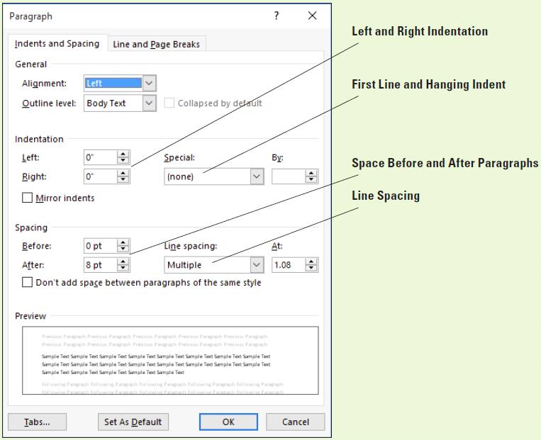 Lesson 4 Page 2 Figure 4-1 Indents and Spacing tab of the Paragraph dialog box Formatting Paragraphs Paragraph formatting is an essential part of creating effective, professional-looking documents in