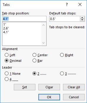 Lesson 4 Page 28 Figure 4-22 Tabs dialog box 6. 7. 8. 9. Click OK to close the Tabs dialog box. Notice that nothing happens yet. Place the insertion point after the word Breakfast and press Tab.