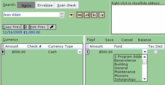 1. From within the Multi-Split contribution entry screen select the person or family the contribution is coming from. 2.