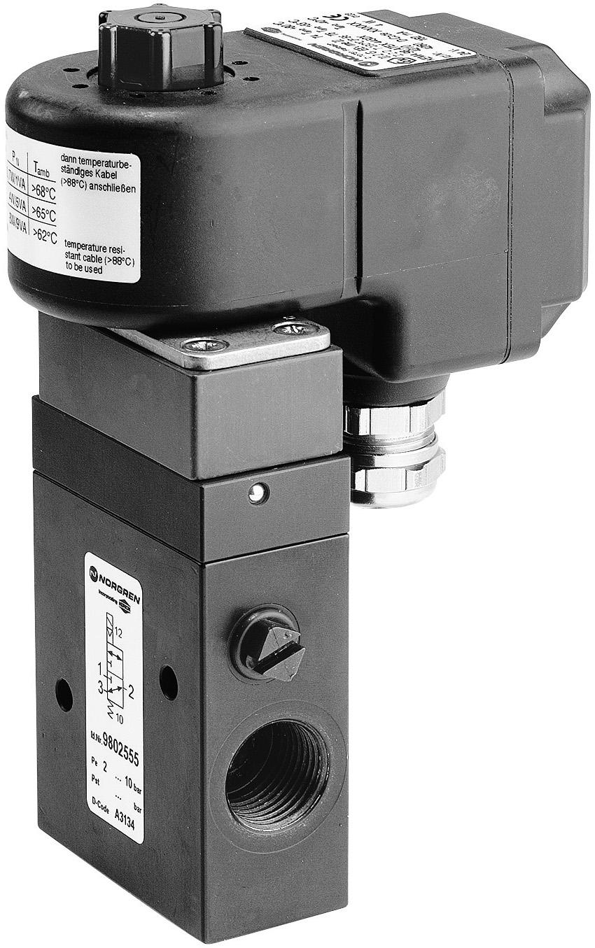 9805 / Directional control valves Indirect controlled solenoid operated poppet valves Internal thread G/, / NPT or flanged with NMUR interface Main application: single operated process actuators