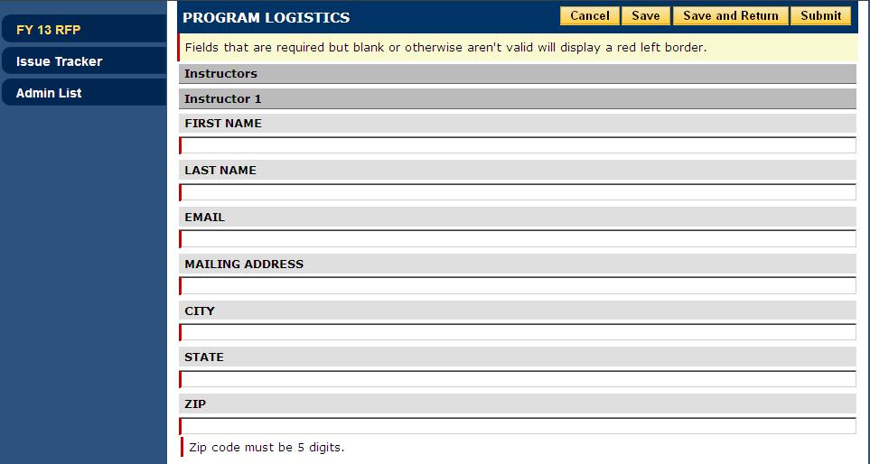 Program Logistics Once Program Information is submitted, you can click Program Logistics to enter information in this form.
