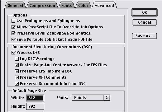 Recommendations for Advanced job options Distiller uses the Advanced job options to specify whether to preserve certain document structuring comments in the resulting PDF file, define a default page