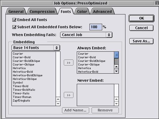 8 Note: In order to subset fonts in a PDF file, you must first select Embed All Fonts or add a list of commonly used document fonts to the Always Embed font list.