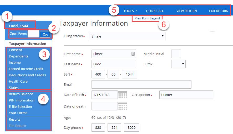The Taxpayer Information Screen 3. Click Create Return. The Taxpayer Information screen opens with the Social Security Number field displaying the SSN.