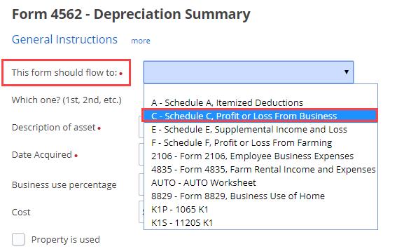 Working in a Tax Return Figure 3-7: Associated Screens: Screen 4562 with Schedule C Detail Worksheets If a return has multiple instances of the associated form, enter the instance of the form in the