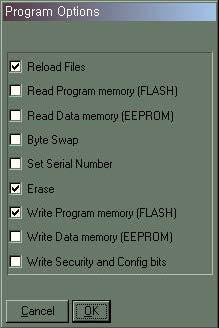 115 Select the device you want. ( Device AVR micro XXX, XXX is the device you want) Select Command Program Options and check as shown below. (Reload Files, Erase, Write Program memory) Click on OK.