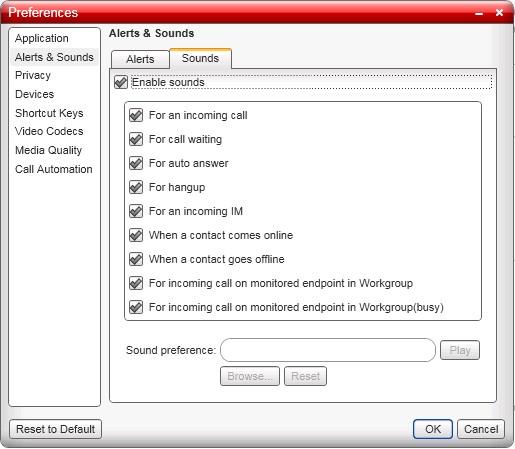 Configuring Preferences: Alerts & Sounds You can use the Sounds tab to also enable audio notifications for different call scenarios.
