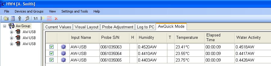 individually in the Device Tree. At any time nly ne prbe can be selected in the Device Tree. After selecting a prbe, the user can start measuring water activity with that prbe.