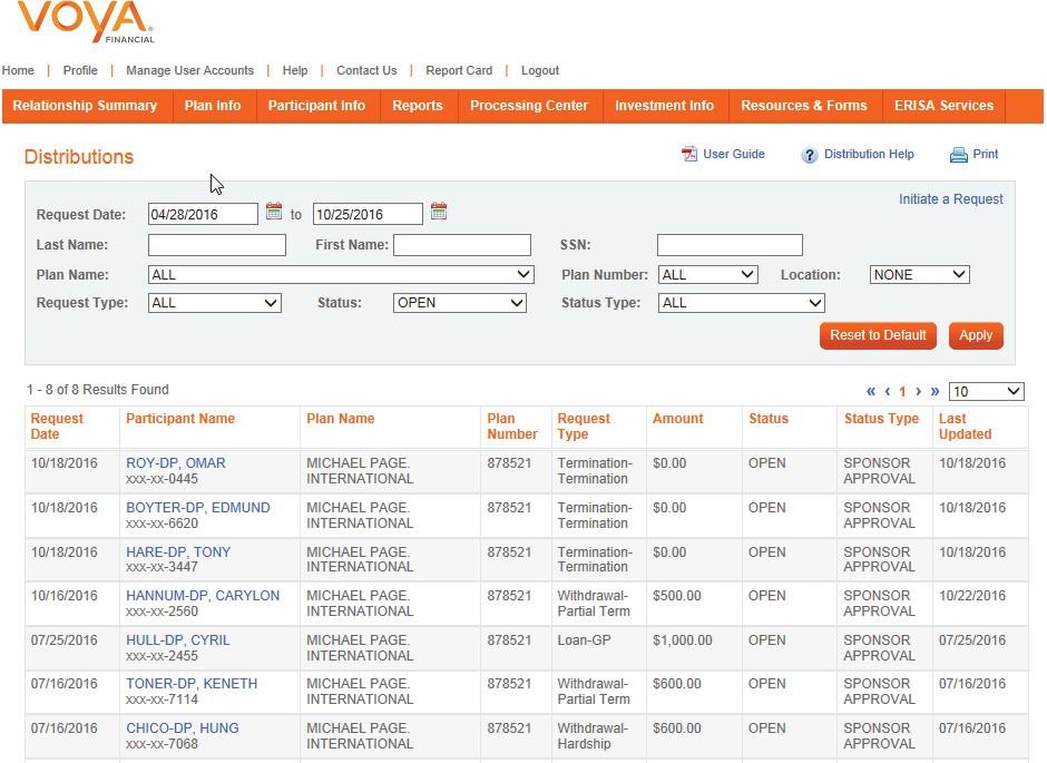 Your Task List When you click on Distribution Management, you are presented with a list of distribution requests requiring your attention, including loans, withdrawals, and terminations.