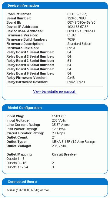 2. This Device Information panel displays the product name, serial number, and IP and MAC addresses of the Dominion PX, as well as detailed information about the
