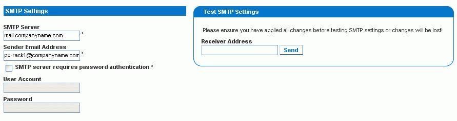 Configuring the SMTP Settings The Dominion PX allows you to configure alerts to send an email message to a specific administrator.