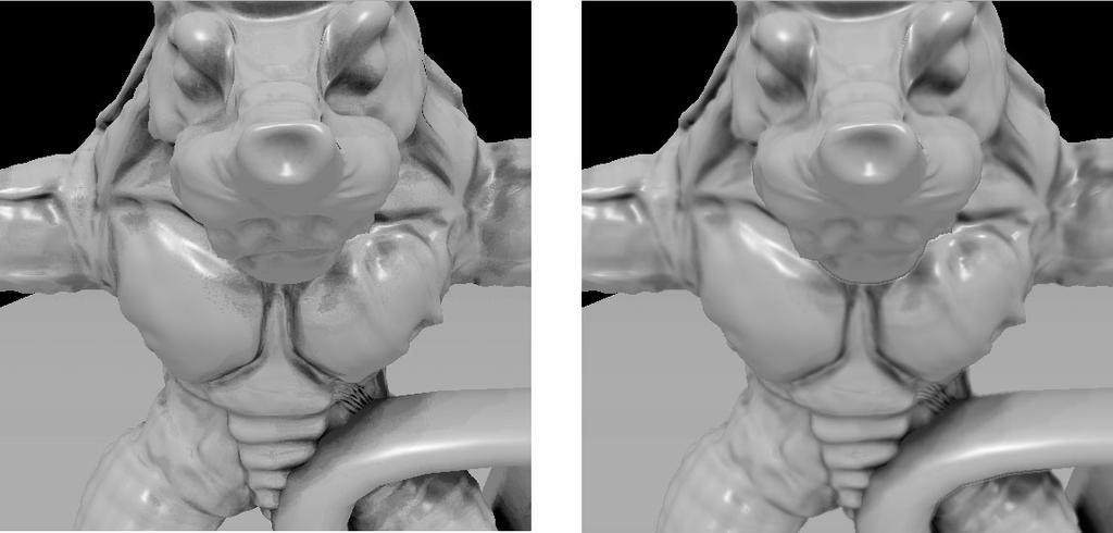 Figure 5: To the left: an image without any blur applied. Notice that the occlusion looks more like dirt than shadow.