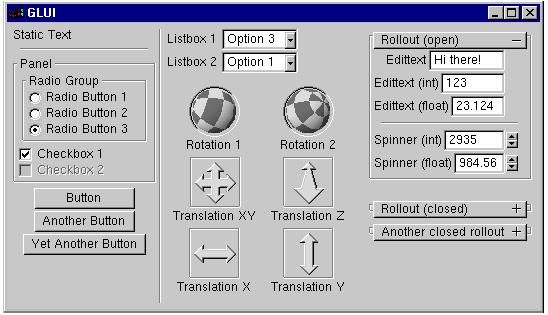 GLUI GLUI is a GLUT-based C++ user interface library which provides controls such as buttons, checkboxes, radio buttons, spinners, etc.