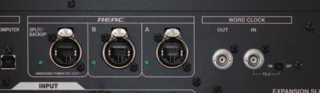 Rear-panel REAC connectors plus word clock I/O. Four assignable master faders can be freely assigned to any signal path for instant access.