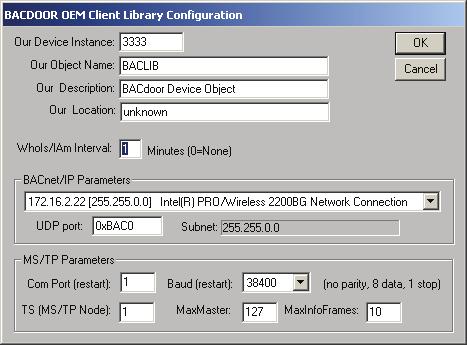 Configuration Using BACdoor OEM Client Status Once the BACdoor OEM Client Status window is open, click on Configure to initiate a popup dialog box for setting operating parameters of the BCM