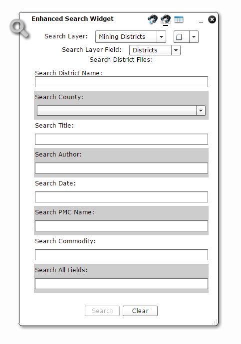Enhanced Search Widget. There are three different layers that are searchable within this application: Districts, County General, and State of Nevada files.