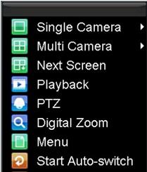PTZ: Enter PTZ Control mode of the selected camera. Digital Zoom: Enter Digital Zoom interface of the selected camera. Menu: Enter Main menu.