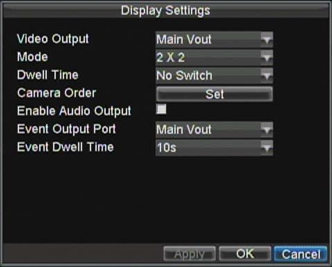 Figure4. Display Settings Configure the following settings for Live View Display: Video Output: Set the video output modes, including Main Vout and Auxiliary Vout.