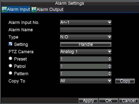 Click Menu > Settings > Alarm to enter the Alarm Settings menu, shown in Figure 6. Figure6. Alarm Management Menu 2. Select the Alarm Input No.