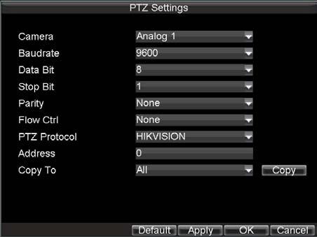 Figure2. PTZ Settings Menu 2. Select channel where PTZ camera is installed next to Camera label. 3.